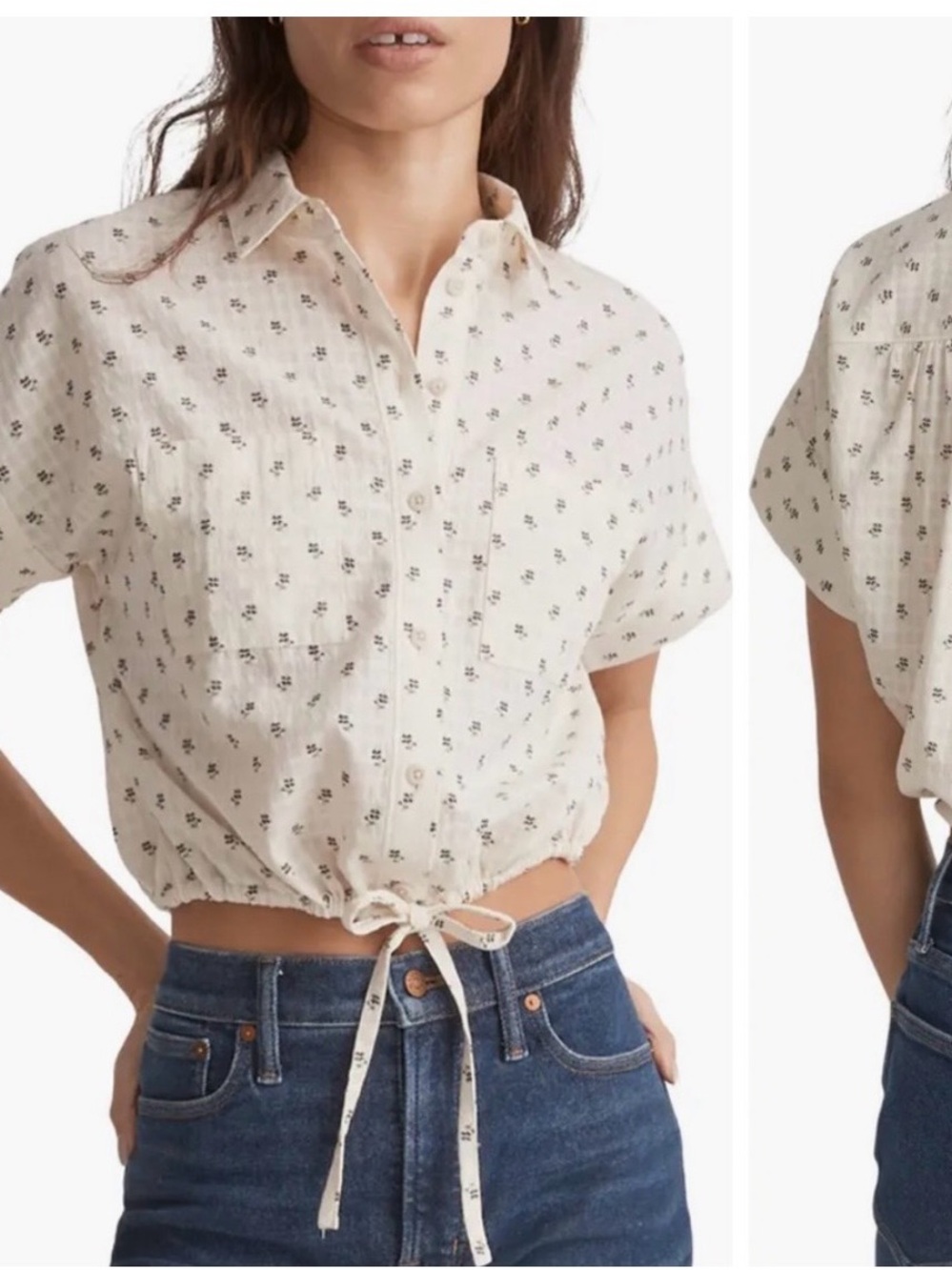 Madewell Cream Button-Front Cropped Shirt with Tiny Floral Print
